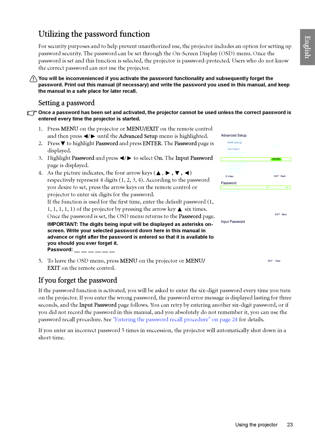 BenQ SP890 user manual Utilizing the password function, Setting a password, If you forget the password 