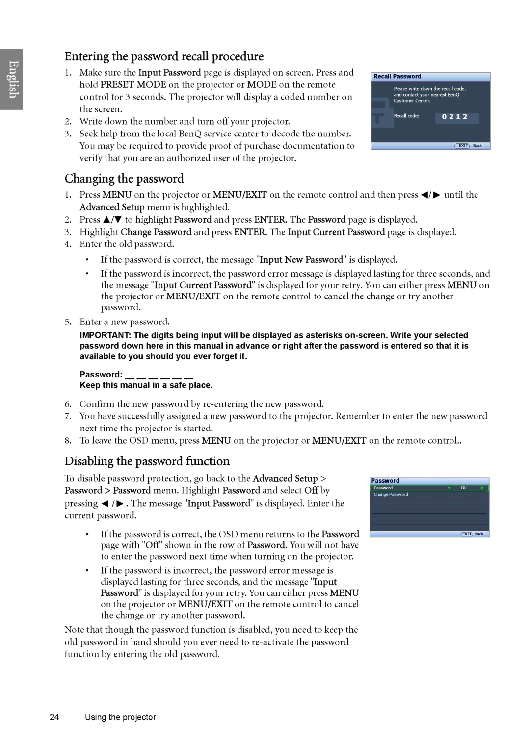 BenQ SP890 user manual Entering the password recall procedure, Changing the password, Disabling the password function 