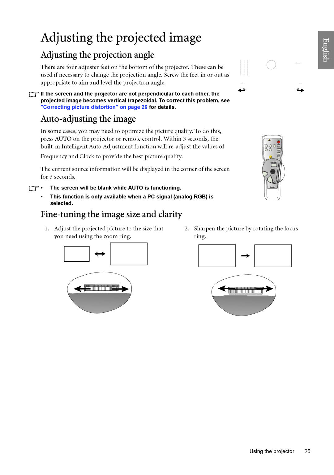 BenQ SP890 user manual Adjusting the projected image, Adjusting the projection angle, Auto-adjusting the image 