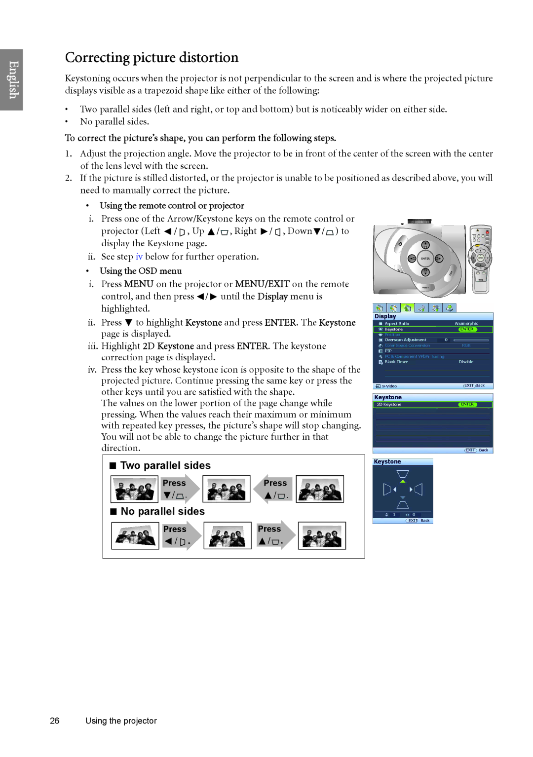 BenQ SP890 user manual Correcting picture distortion, Two parallel sides, No parallel sides 