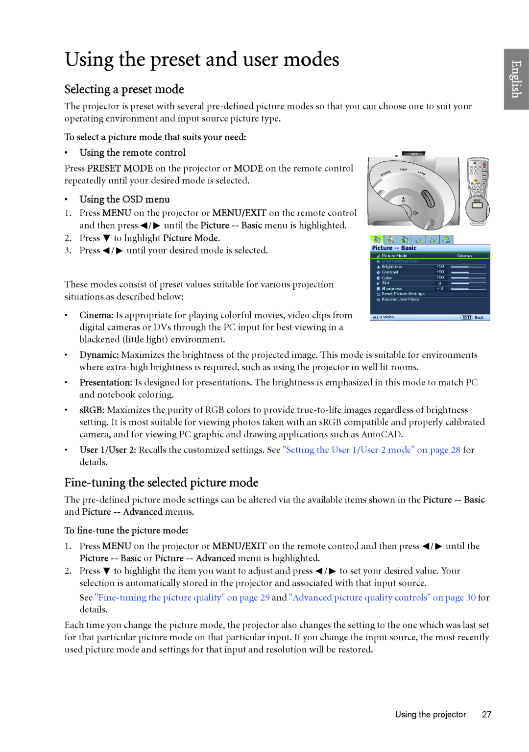 BenQ SP890 user manual Using the preset and user modes, Selecting a preset mode, Fine-tuning the selected picture mode 