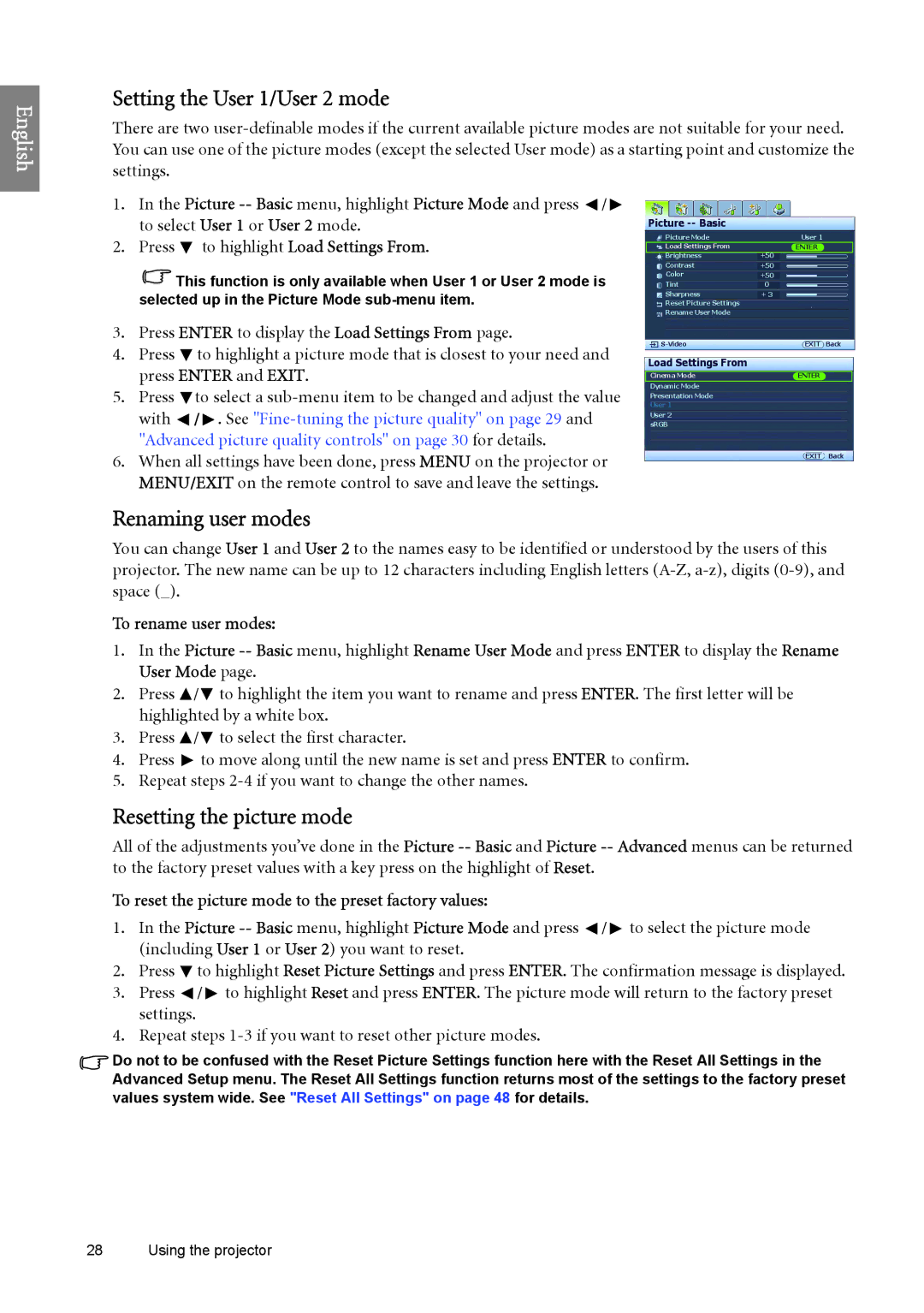 BenQ SP890 user manual Setting the User 1/User 2 mode, Renaming user modes, Resetting the picture mode 