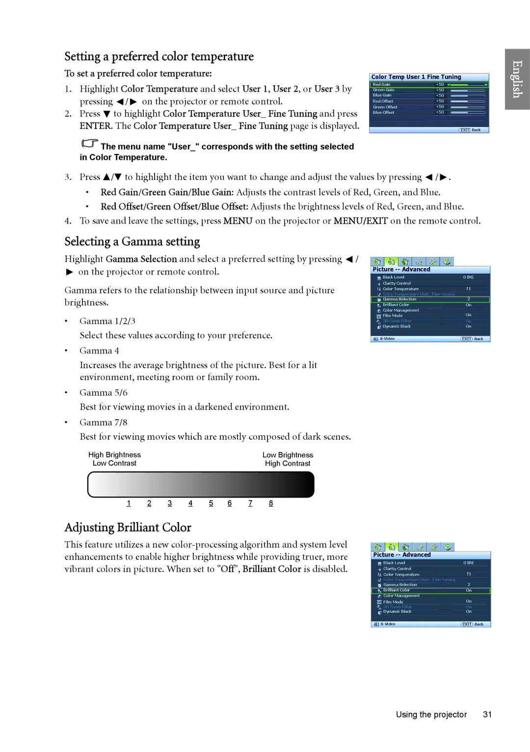 BenQ SP890 user manual Setting a preferred color temperature, Selecting a Gamma setting, Adjusting Brilliant Color 