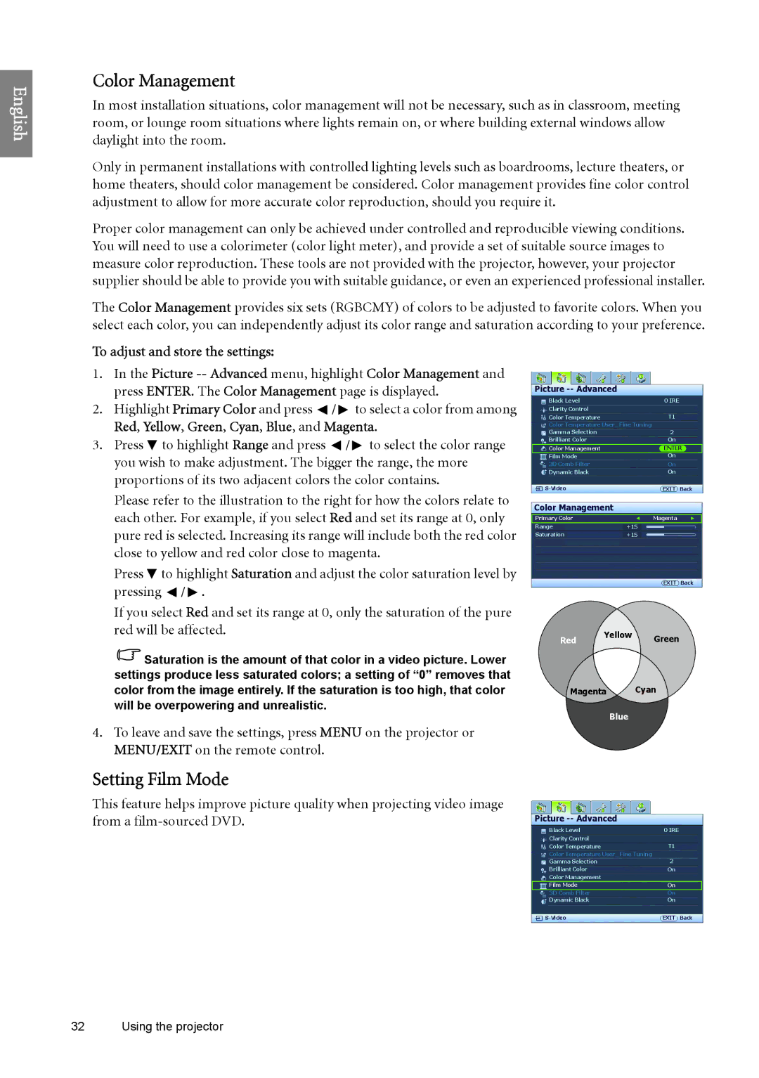 BenQ SP890 user manual Color Management, Setting Film Mode, To adjust and store the settings 