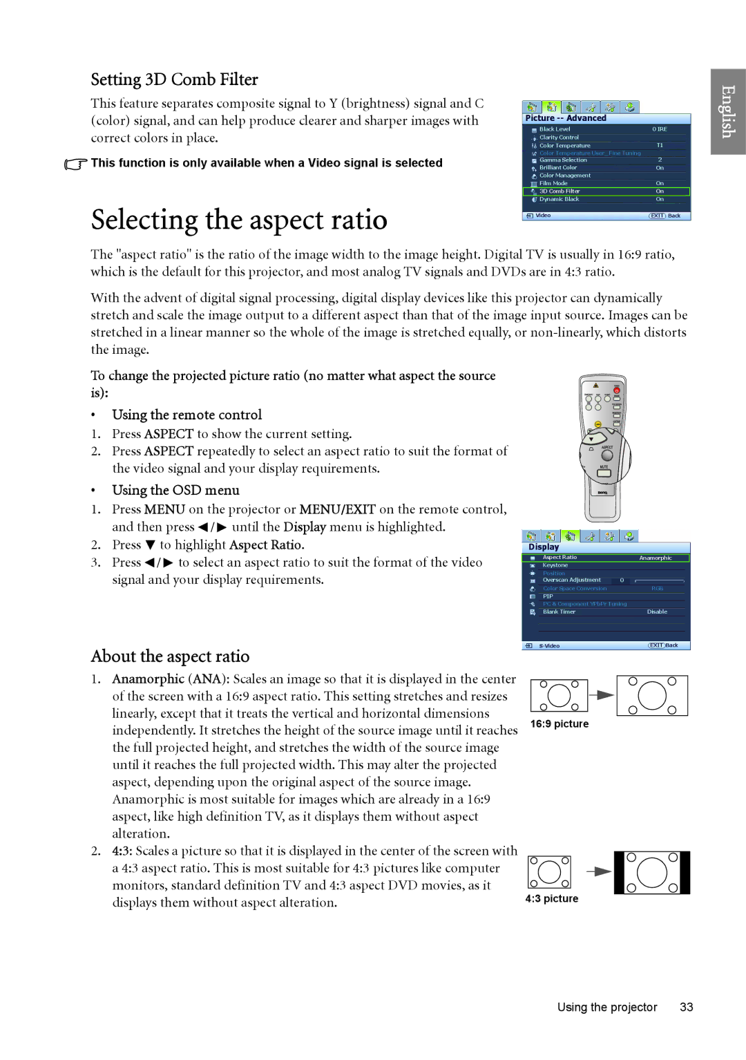 BenQ SP890 user manual Selecting the aspect ratio, Setting 3D Comb Filter, About the aspect ratio 