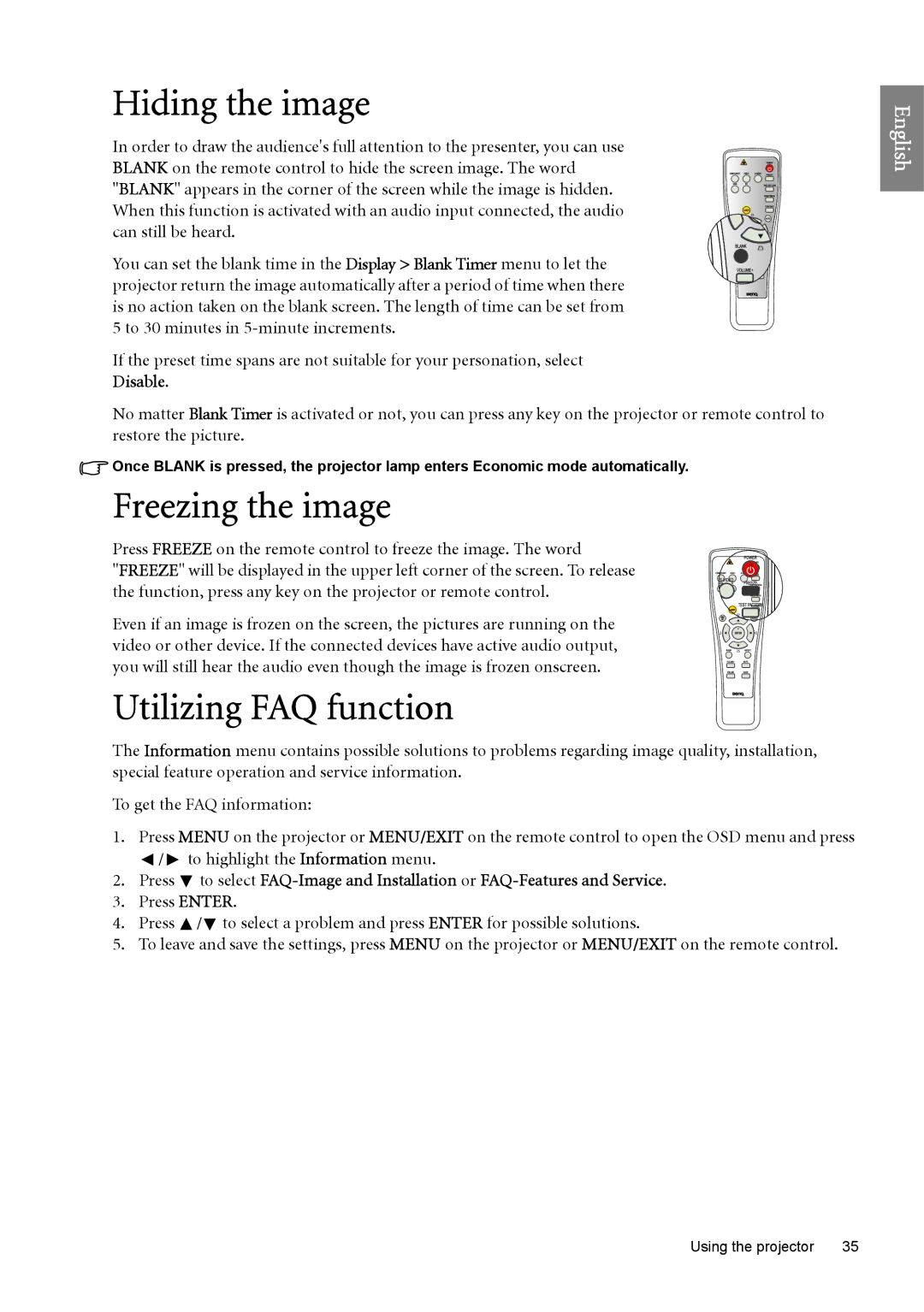 BenQ SP890 Hiding the image, Freezing the image, Utilizing FAQ function, Disable, To highlight the Information menu 