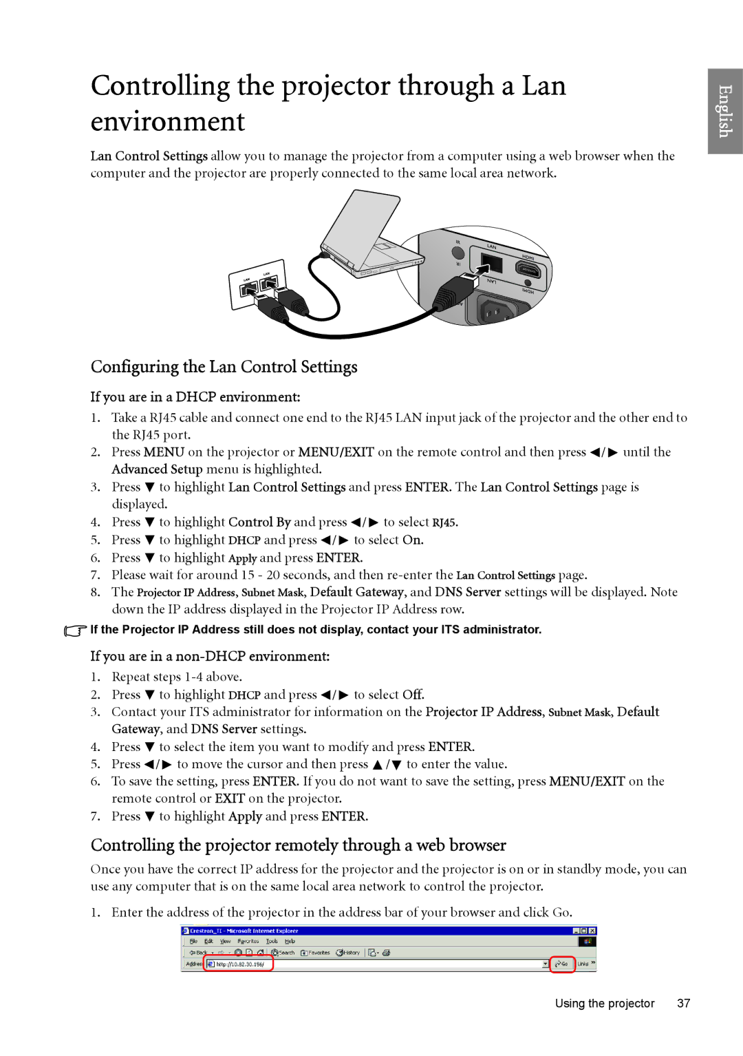 BenQ SP890 user manual Controlling the projector through a Lan environment, Configuring the Lan Control Settings 