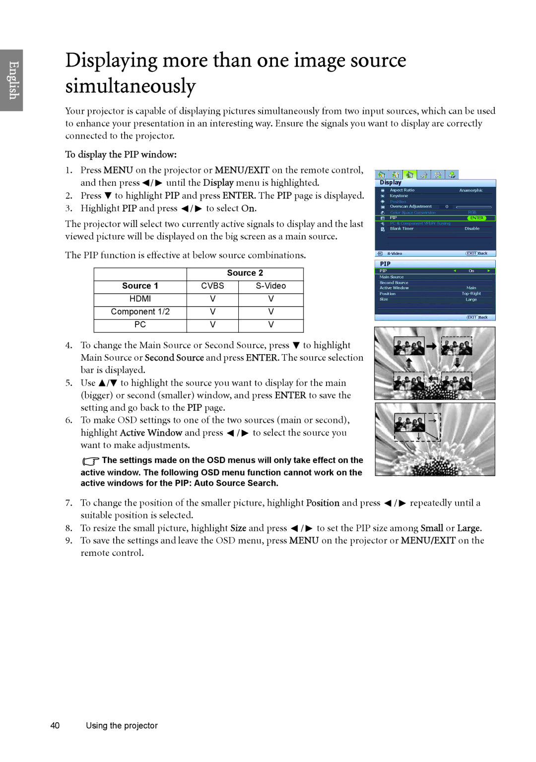 BenQ SP890 user manual Displaying more than one image source simultaneously, To display the PIP window 