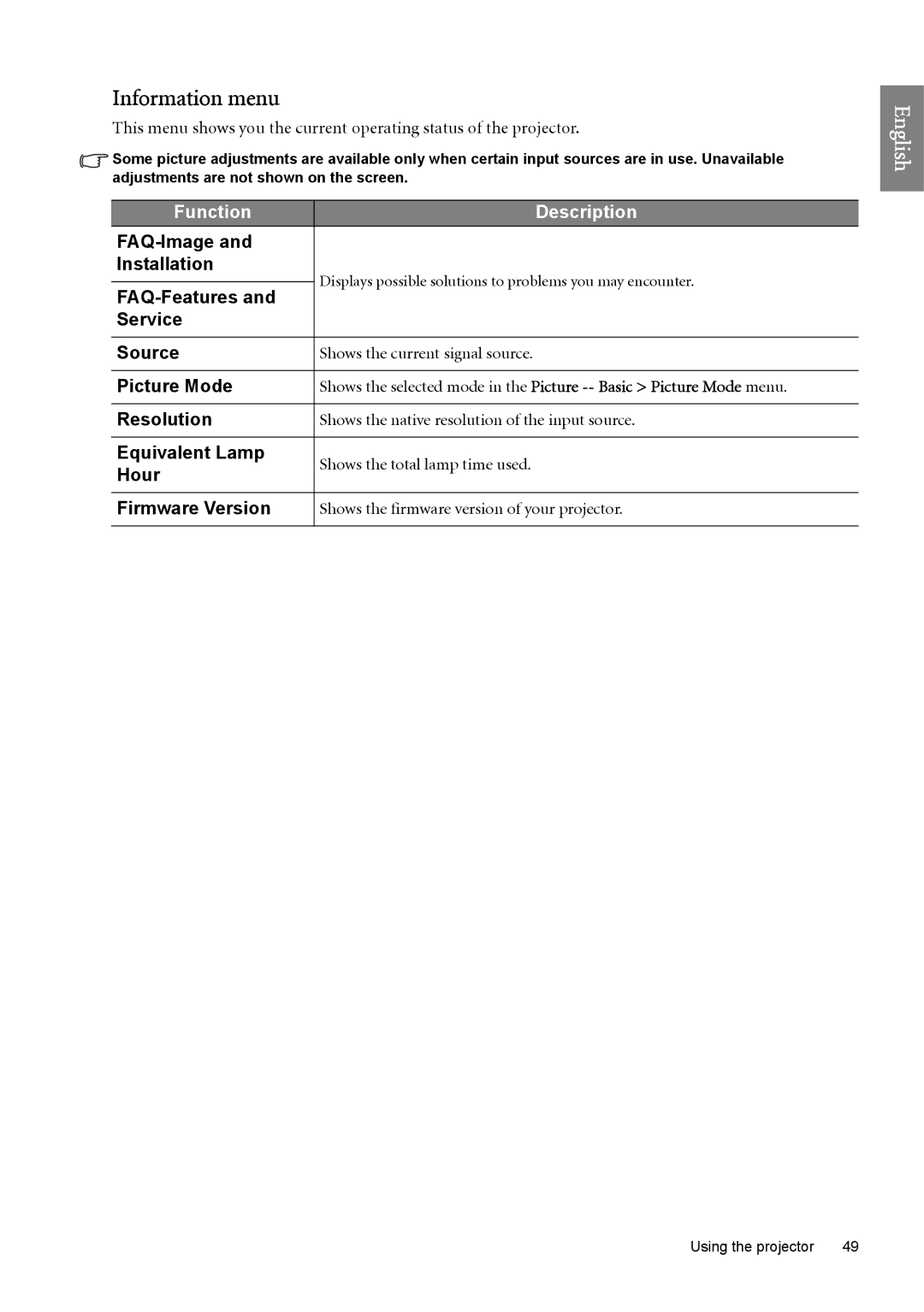 BenQ SP890 user manual Information menu 