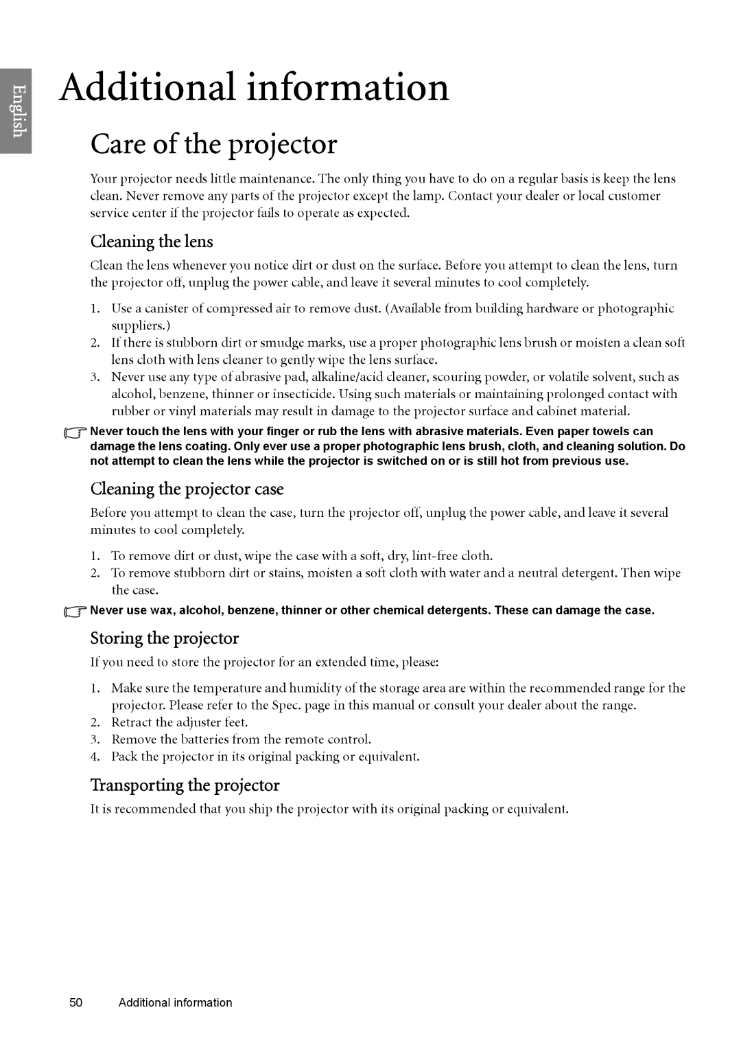 BenQ SP890 user manual Care of the projector, Cleaning the lens, Cleaning the projector case, Storing the projector 