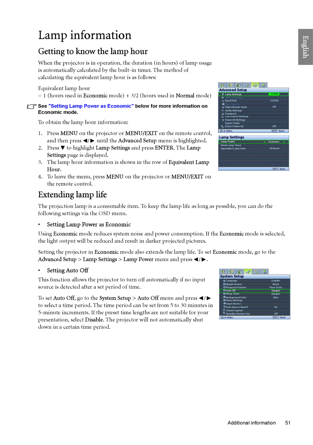 BenQ SP890 user manual Lamp information, Getting to know the lamp hour, Extending lamp life, Setting Lamp Power as Economic 