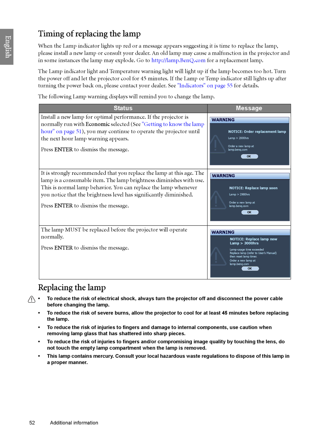 BenQ SP890 user manual Timing of replacing the lamp, Replacing the lamp, Status Message 