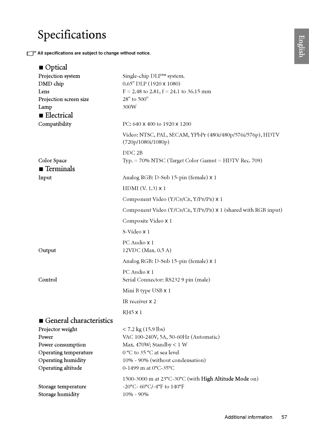 BenQ SP890 user manual Specifications, Optical, Electrical, Terminals 