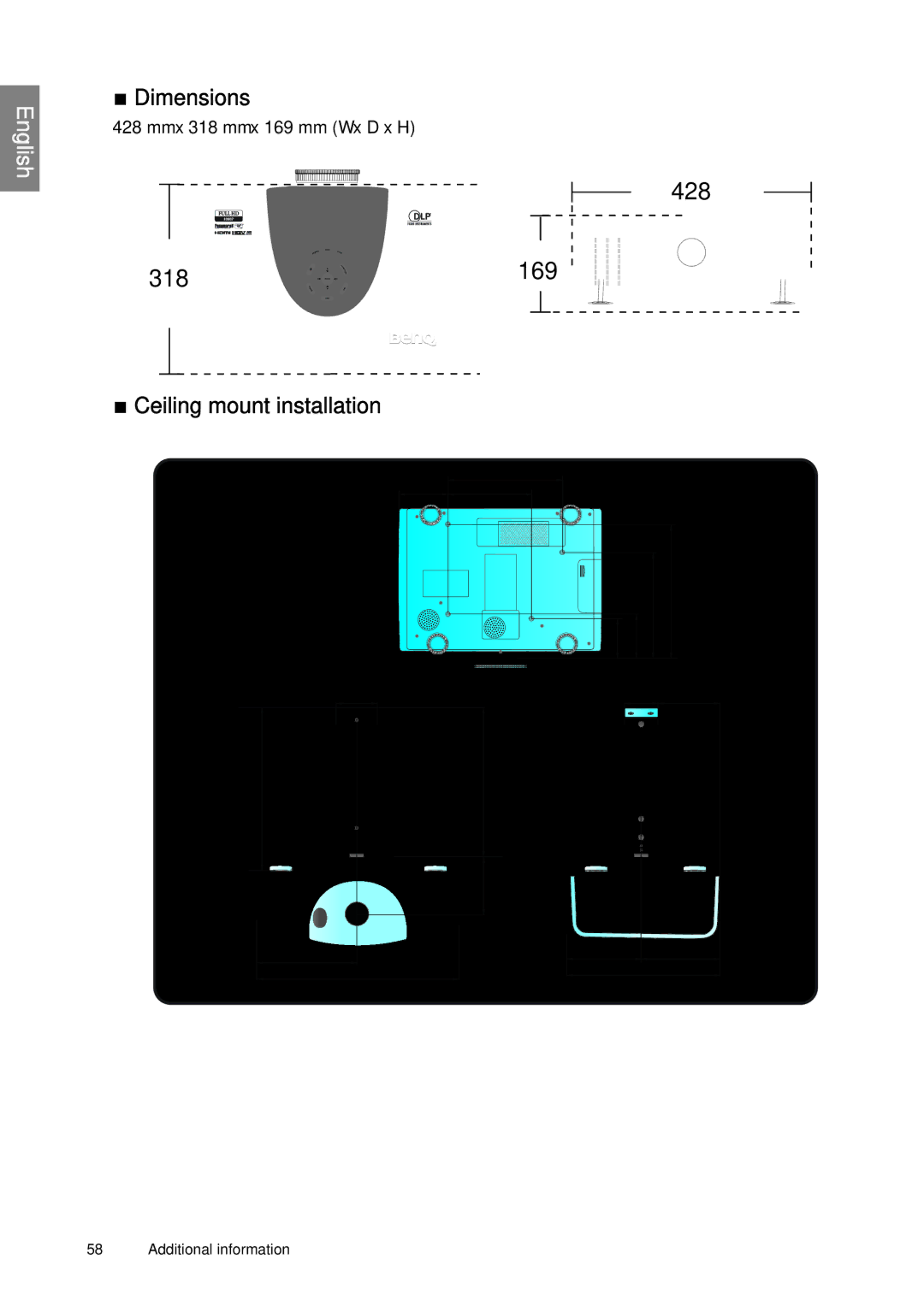 BenQ SP890 user manual Dimensions, Mm x 318 mm x 169 mm W x D x H 