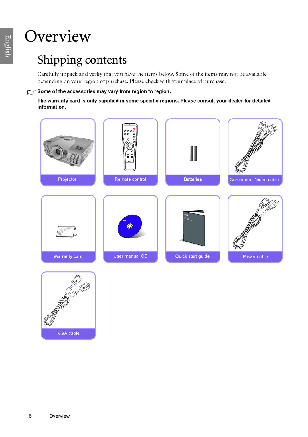 BenQ SP890 user manual Overview, Shipping contents 