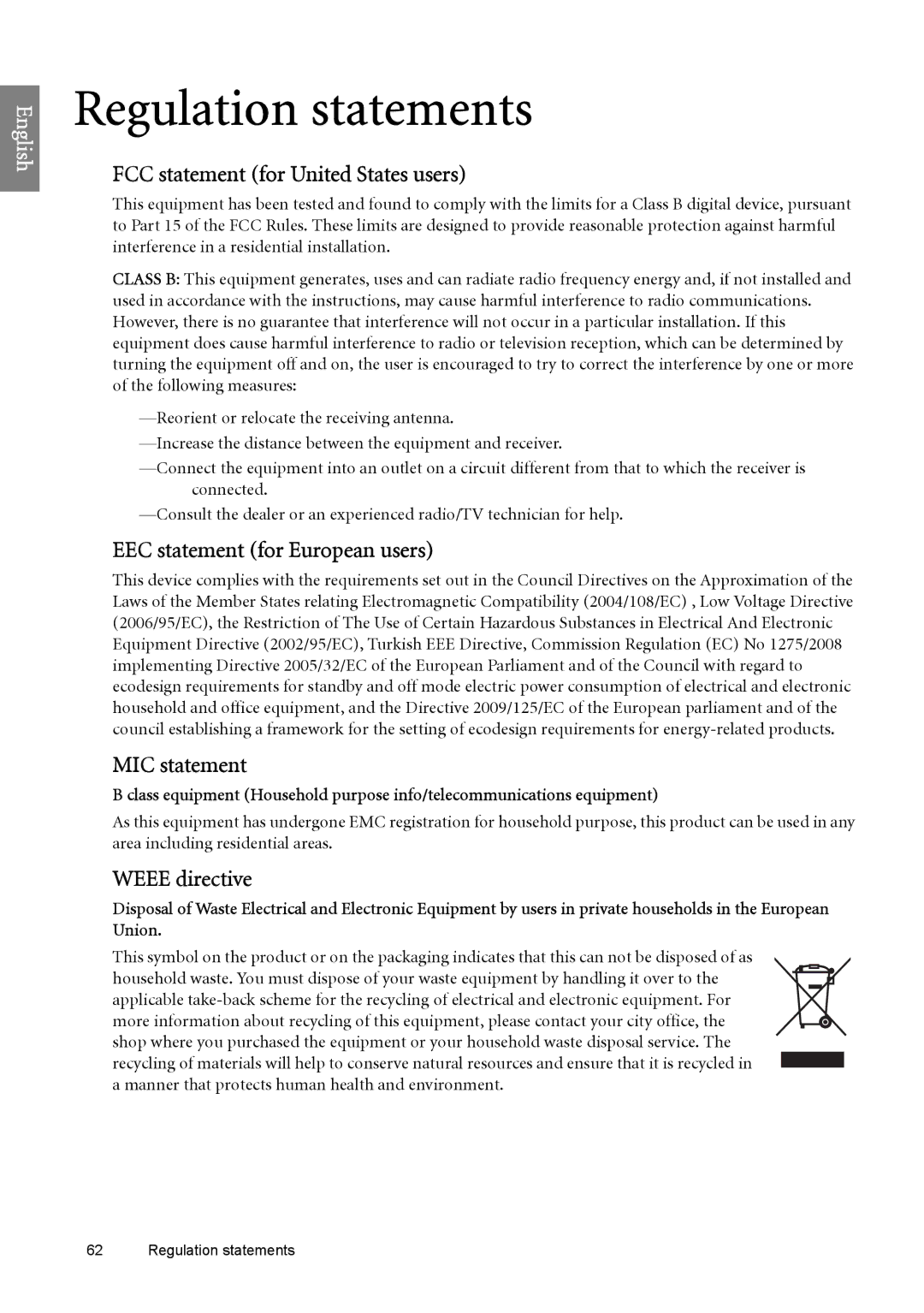 BenQ SP890 FCC statement for United States users, EEC statement for European users, MIC statement, Weee directive 