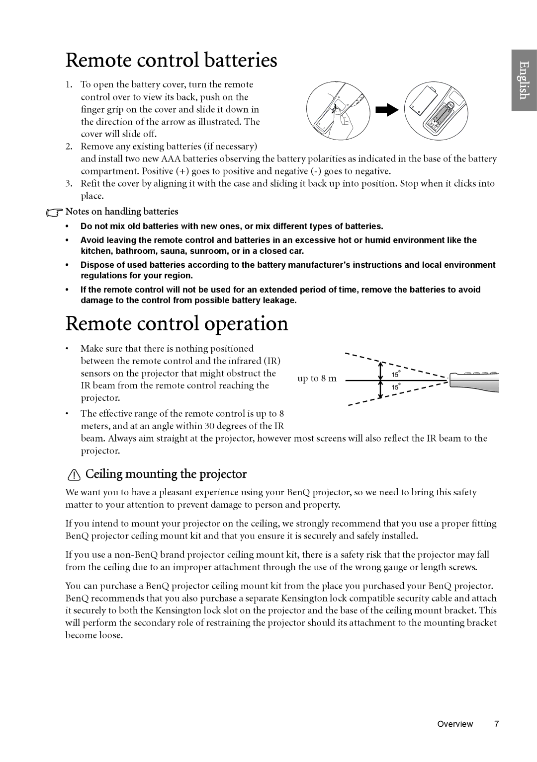 BenQ SP890 user manual Remote control batteries, Remote control operation, Ceiling mounting the projector 