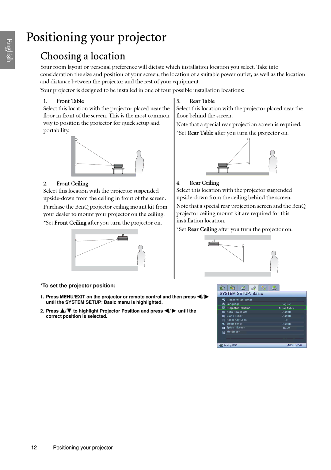 BenQ SP920 user manual Positioning your projector, Choosing a location 