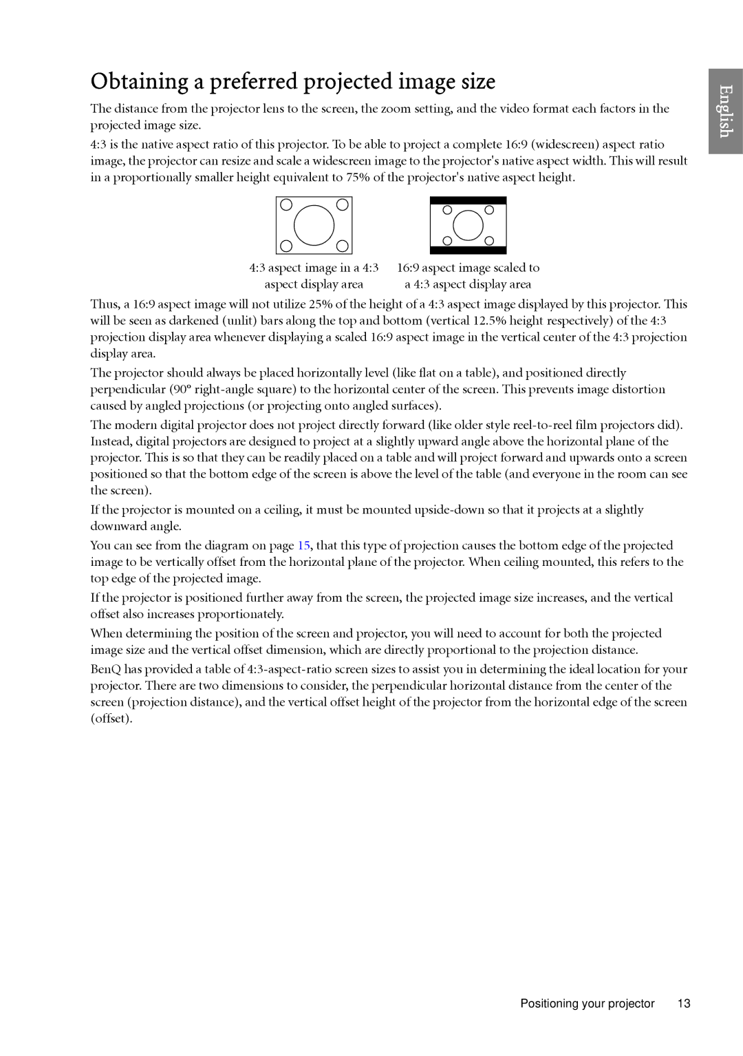 BenQ SP920 user manual Obtaining a preferred projected image size 