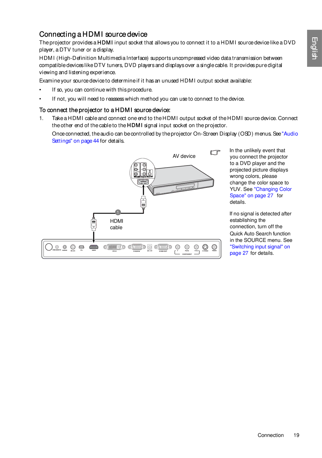 BenQ SP920 user manual Connecting a Hdmi source device, To connect the projector to a Hdmi source device 