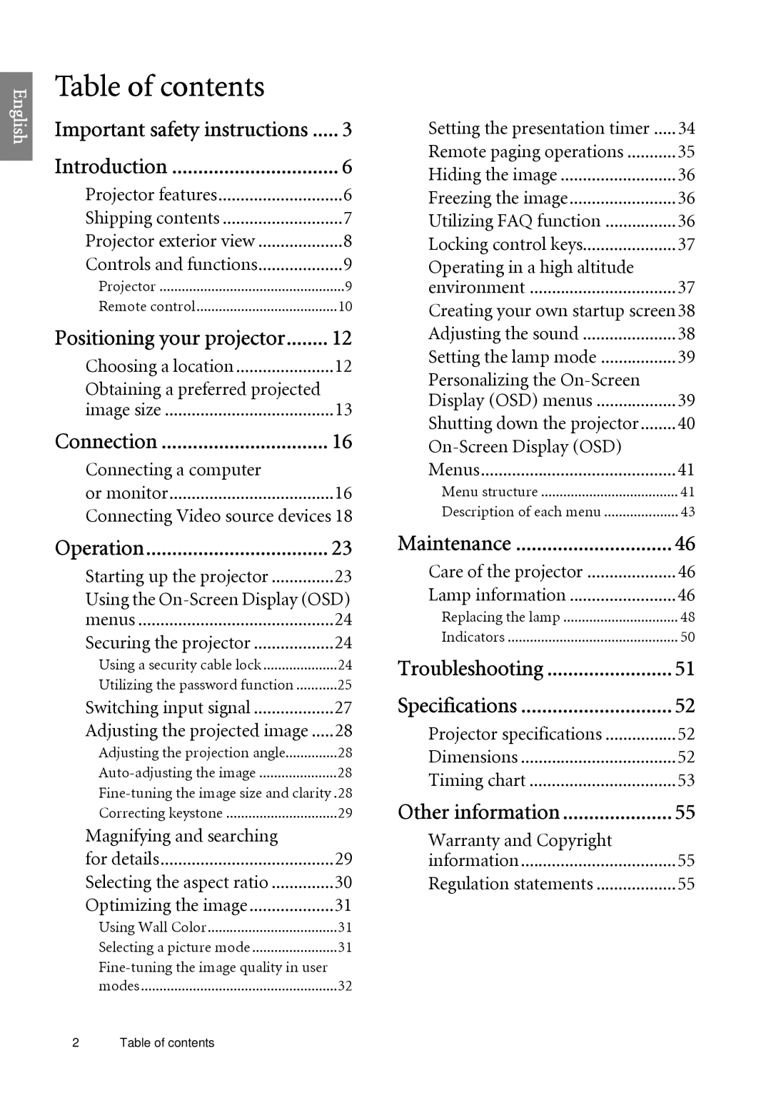 BenQ SP920 user manual Table of contents 