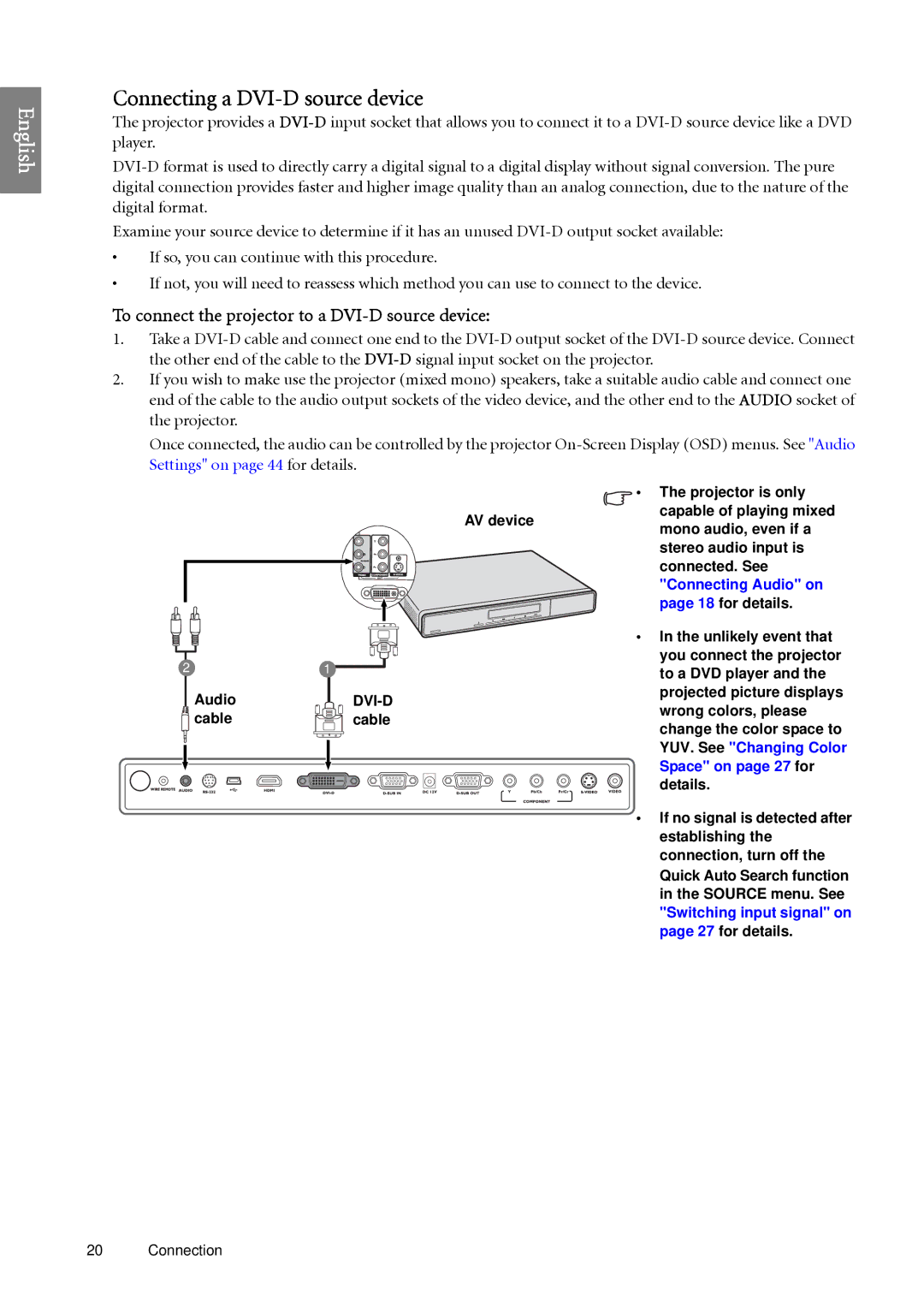 BenQ SP920 user manual Connecting a DVI-D source device, To connect the projector to a DVI-D source device 