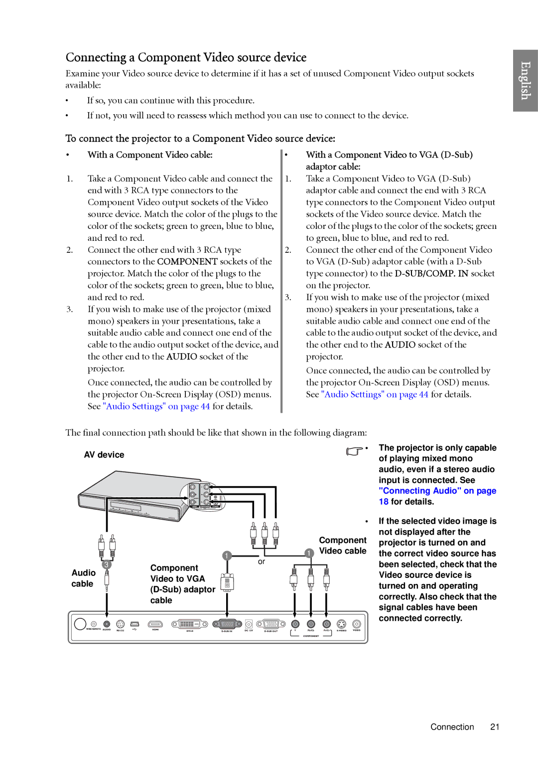 BenQ SP920 Connecting a Component Video source device, To connect the projector to a Component Video source device 