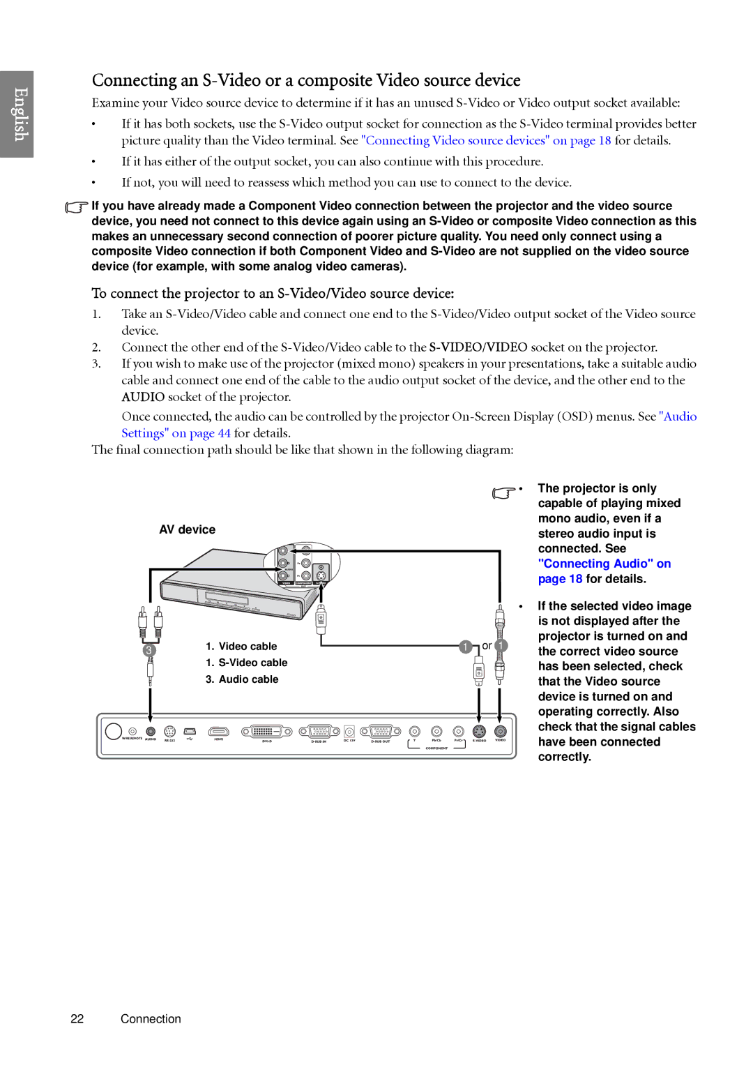 BenQ SP920 user manual Connecting an S-Video or a composite Video source device 