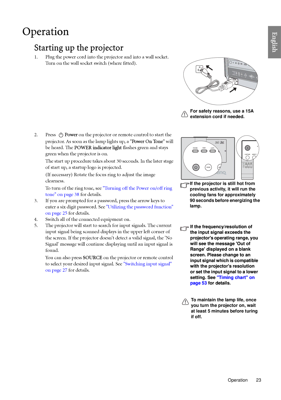 BenQ SP920 user manual Operation, Starting up the projector 