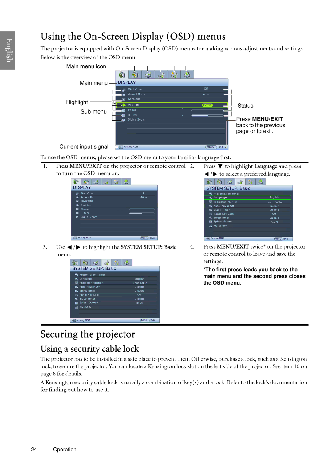 BenQ SP920 user manual Using the On-Screen Display OSD menus, Securing the projector, Using a security cable lock 