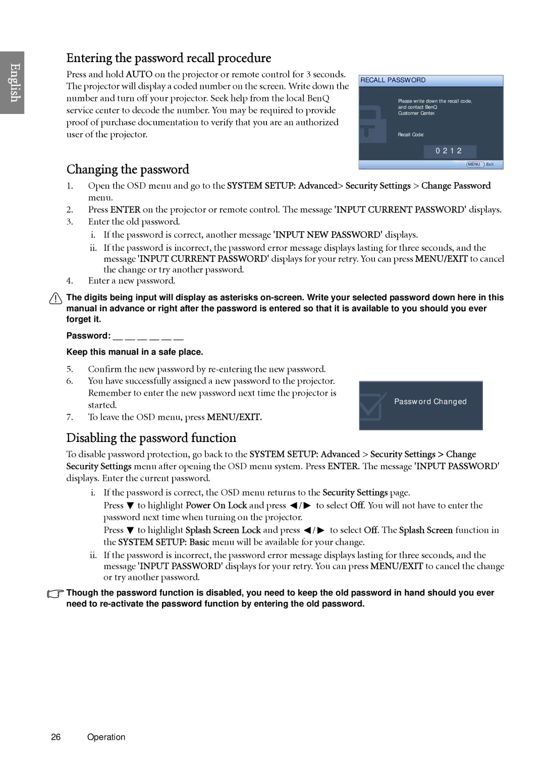 BenQ SP920 user manual Entering the password recall procedure, Changing the password, Disabling the password function 