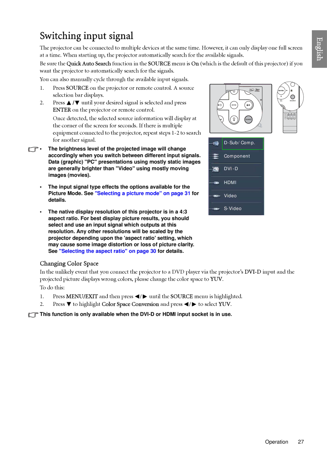 BenQ SP920 user manual Switching input signal, Changing Color Space 