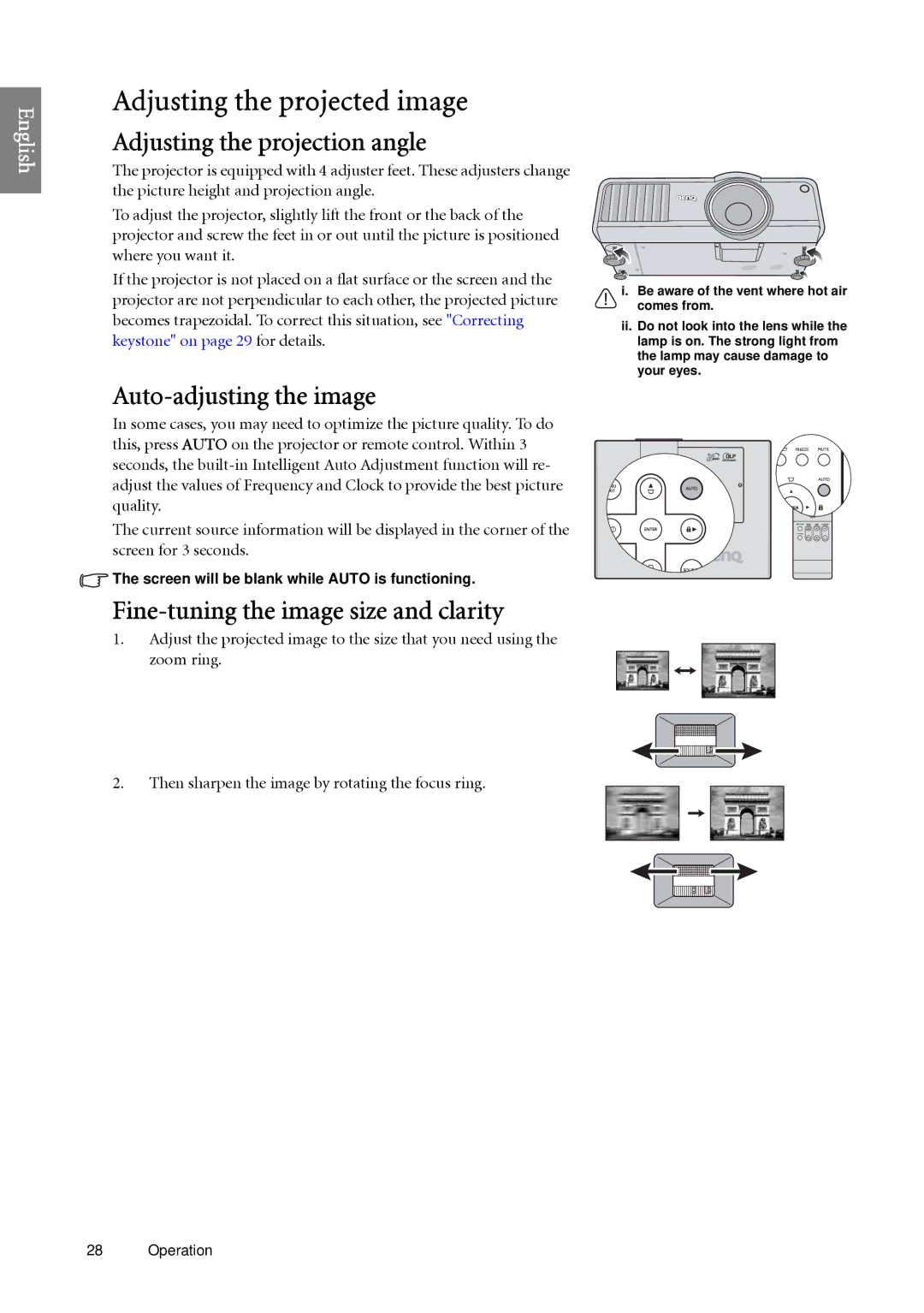 BenQ SP920 user manual Adjusting the projected image, Adjusting the projection angle, Auto-adjusting the image 