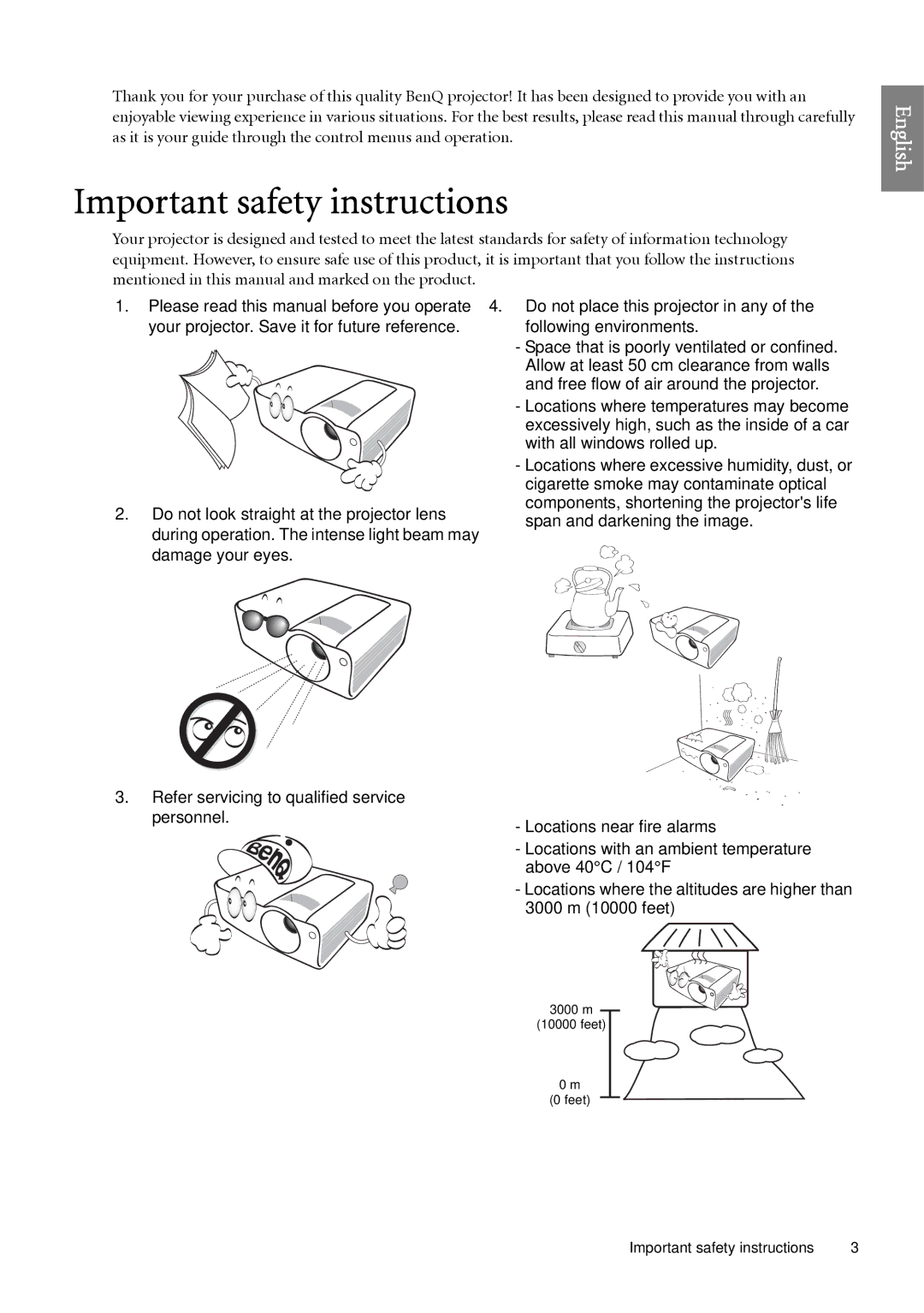 BenQ SP920 user manual Important safety instructions, With all windows rolled up, Cigarette smoke may contaminate optical 