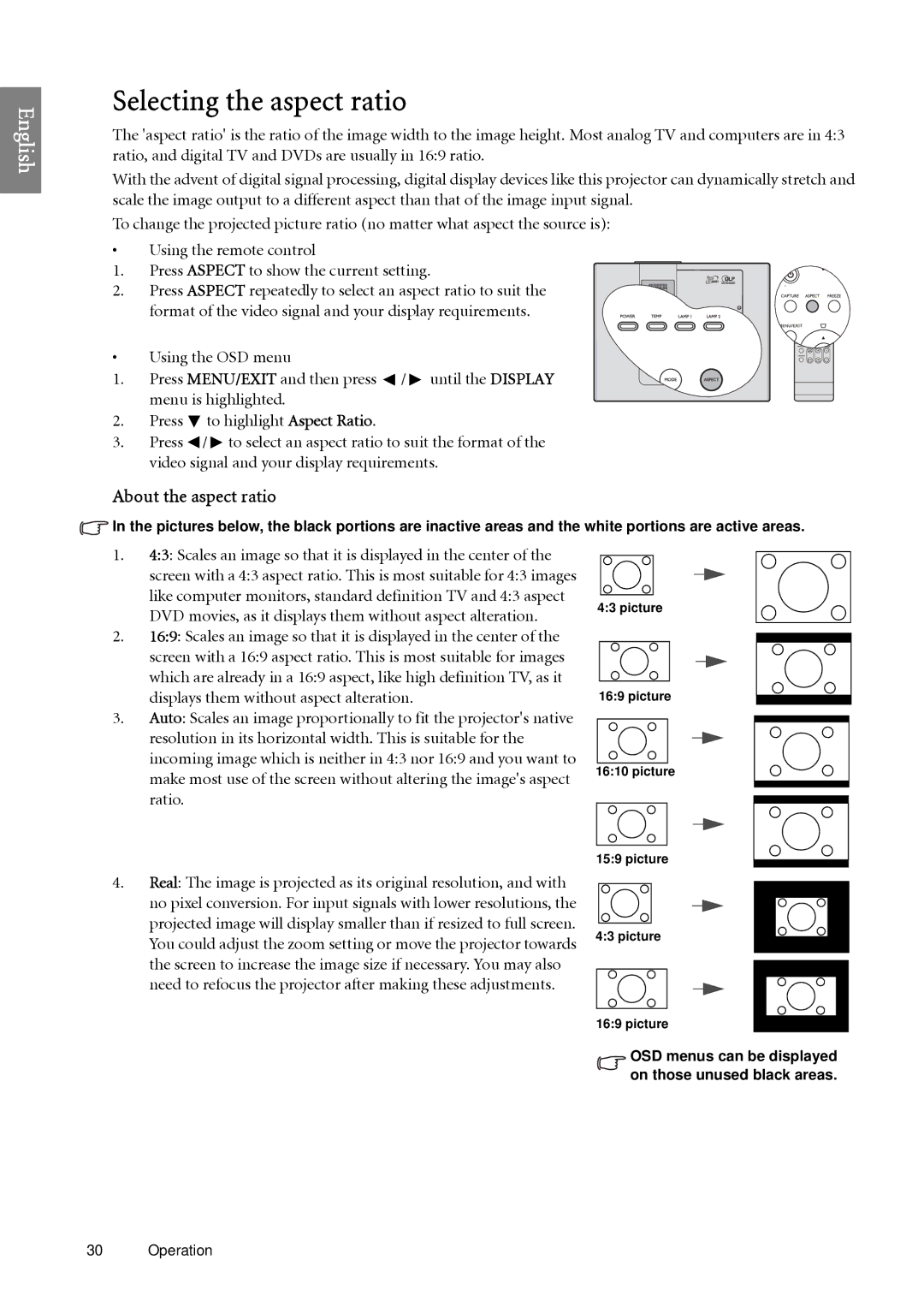 BenQ SP920 user manual Selecting the aspect ratio, About the aspect ratio 