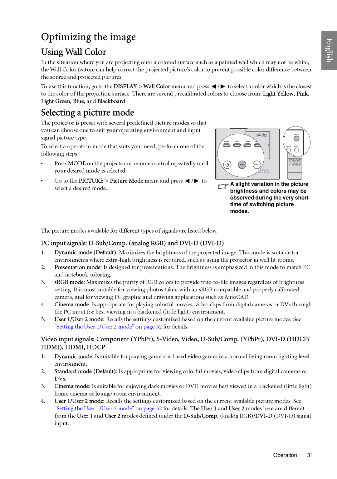 BenQ SP920 user manual Optimizing the image, Using Wall Color, Selecting a picture mode 