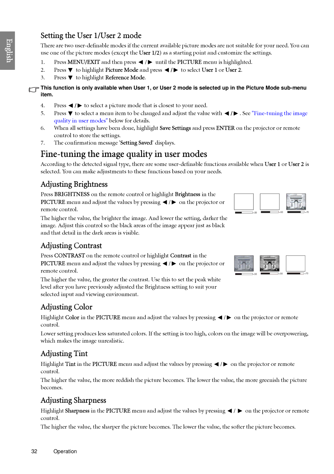 BenQ SP920 user manual Fine-tuning the image quality in user modes 