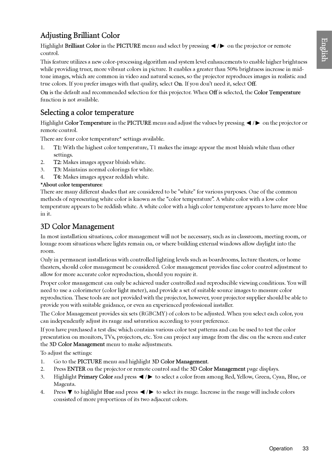 BenQ SP920 user manual Adjusting Brilliant Color, Selecting a color temperature, 3D Color Management 