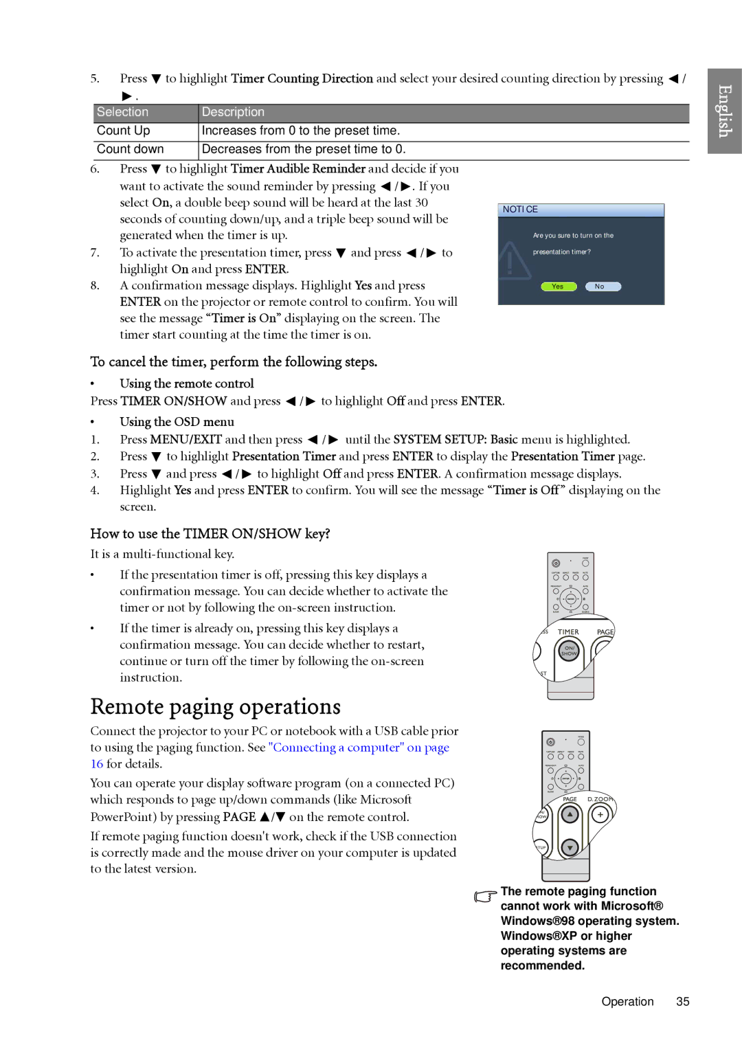 BenQ SP920 Remote paging operations, To cancel the timer, perform the following steps, How to use the Timer ON/SHOW key? 