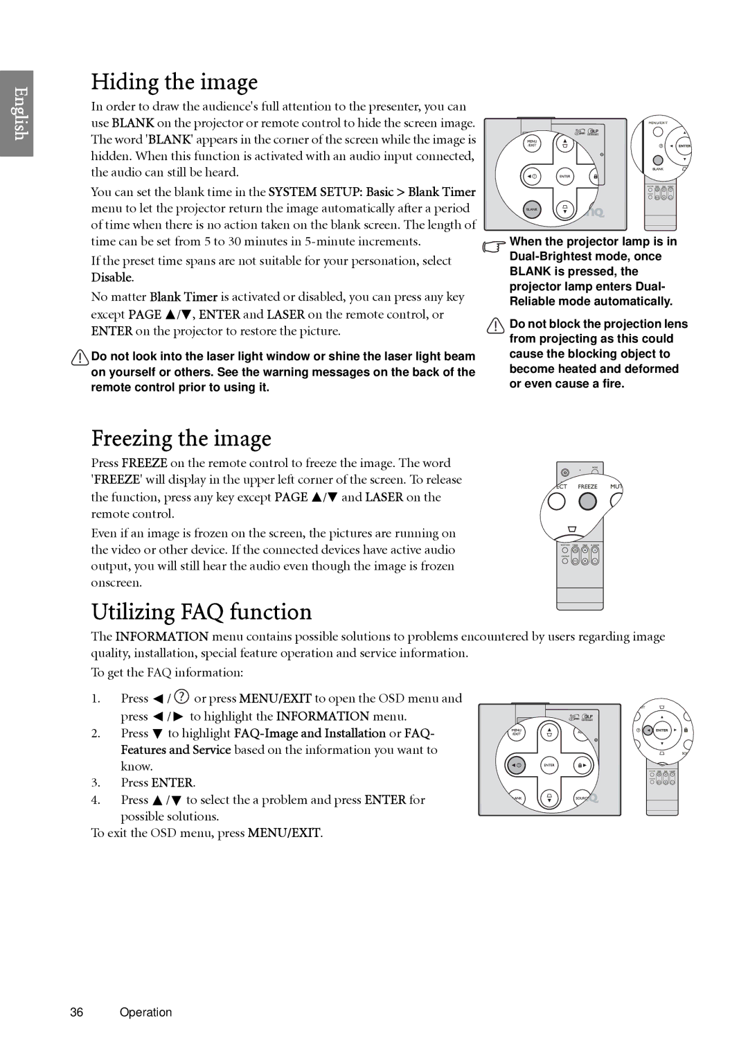 BenQ SP920 user manual Hiding the image, Freezing the image, Utilizing FAQ function, Know Press Enter 