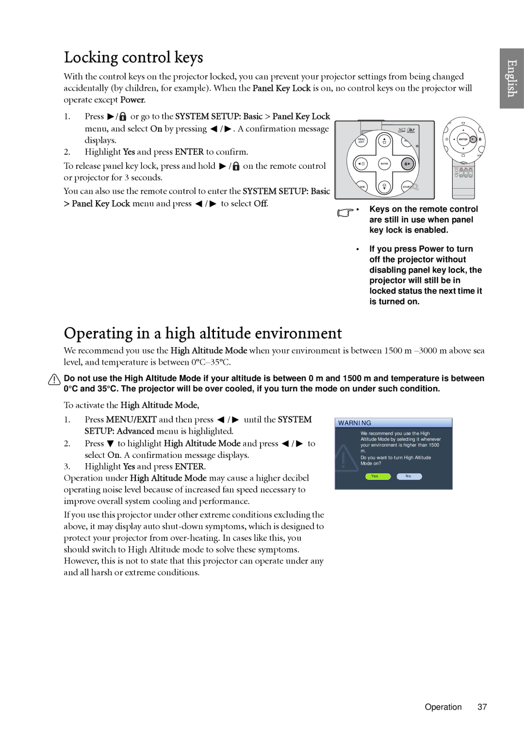 BenQ SP920 user manual Locking control keys, Operating in a high altitude environment, Panel Key Lock menu and press 