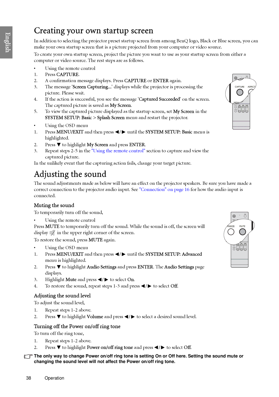 BenQ SP920 user manual Creating your own startup screen, Muting the sound, Adjusting the sound level 