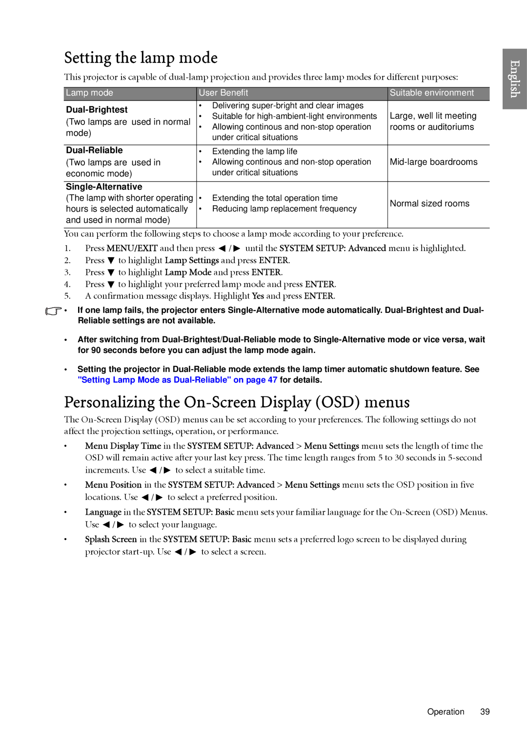 BenQ SP920 user manual Setting the lamp mode, Personalizing the On-Screen Display OSD menus 