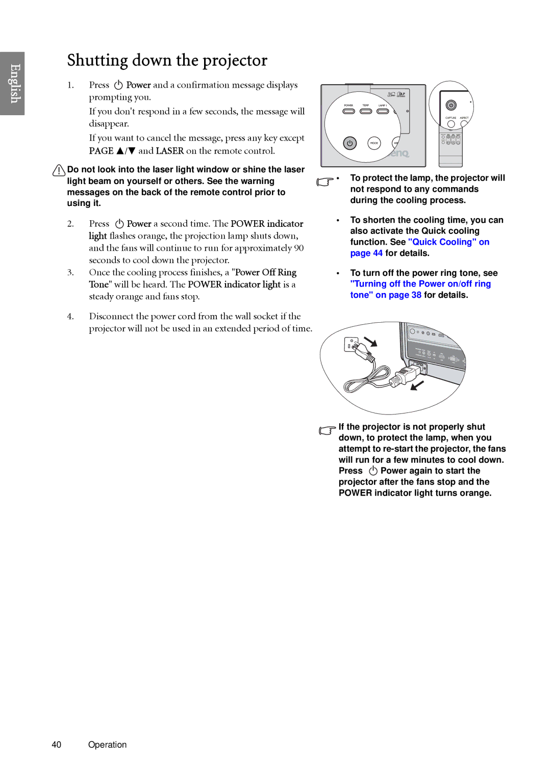 BenQ SP920 user manual Shutting down the projector 