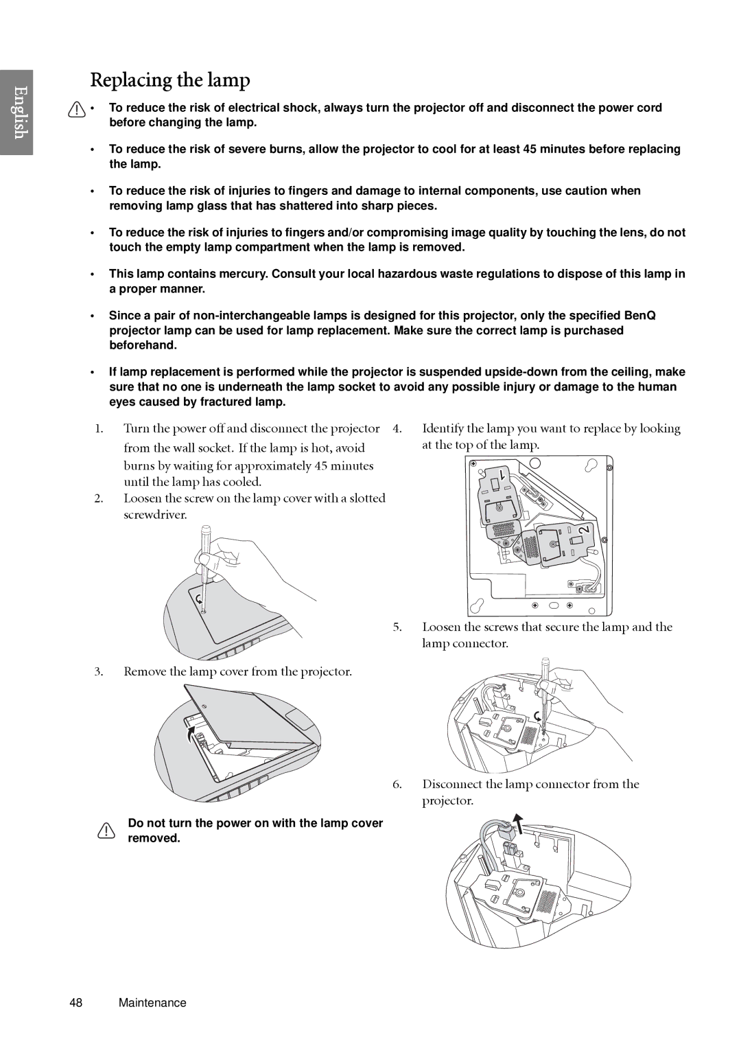 BenQ SP920 user manual Replacing the lamp, Screwdriver Remove the lamp cover from the projector 