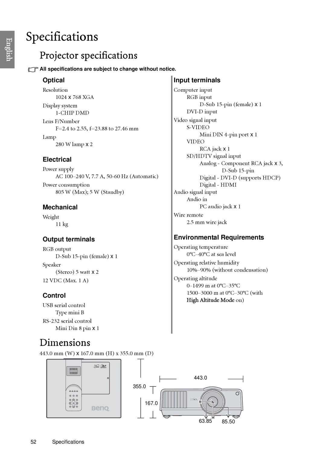 BenQ SP920 user manual Specifications, Projector specifications, Dimensions 