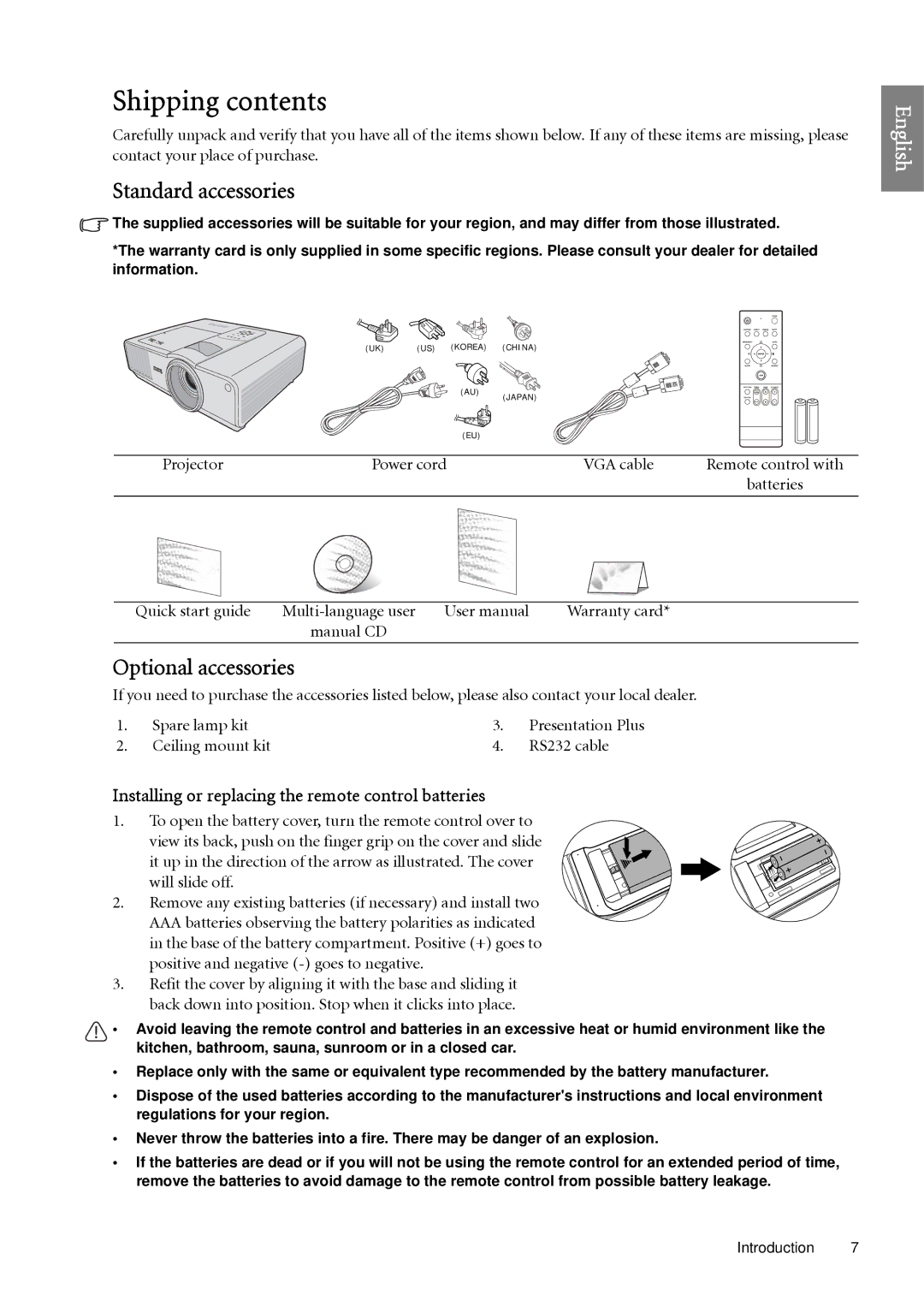 BenQ SP920 user manual Shipping contents 