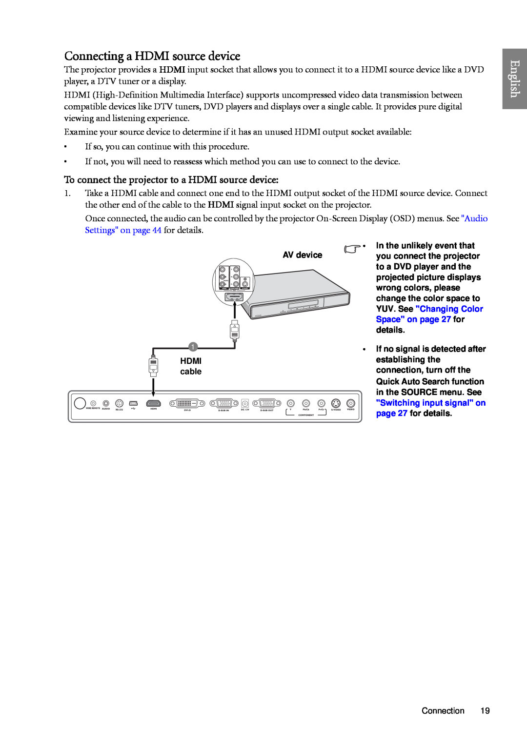 BenQ SP920 user manual Connecting a HDMI source device, English, To connect the projector to a HDMI source device 