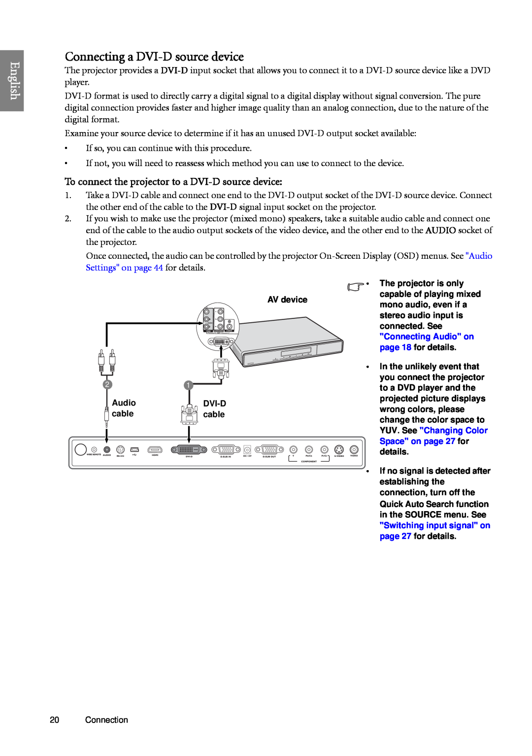 BenQ SP920 user manual Connecting a DVI-D source device, English, To connect the projector to a DVI-D source device 