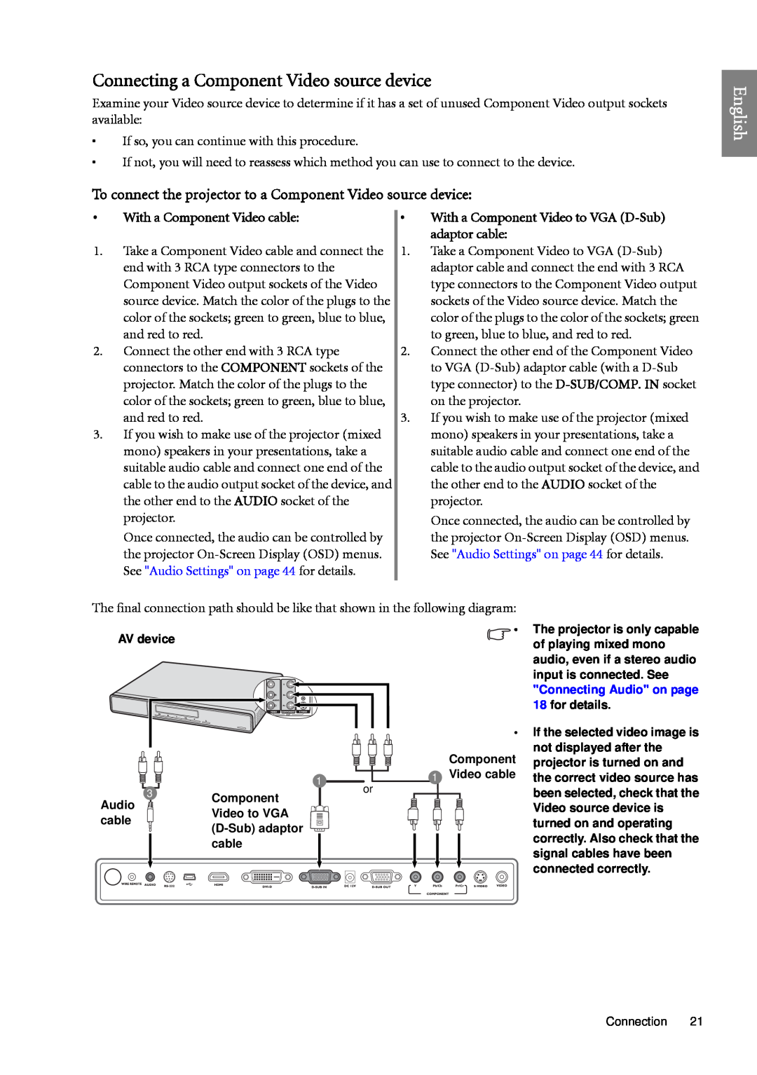 BenQ SP920 user manual Connecting a Component Video source device, English, With a Component Video cable 